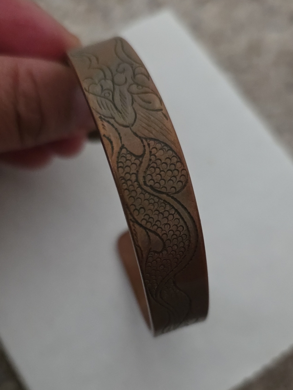 Engraved Copper Dragon Cuff Bracelet - Rustic Brown